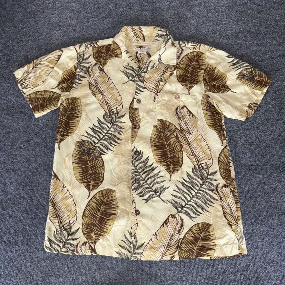 Joe Marlin Mens Medium Hawaiian Shirt Beige‎ Rayon Tropical Leaf Print Button Up
